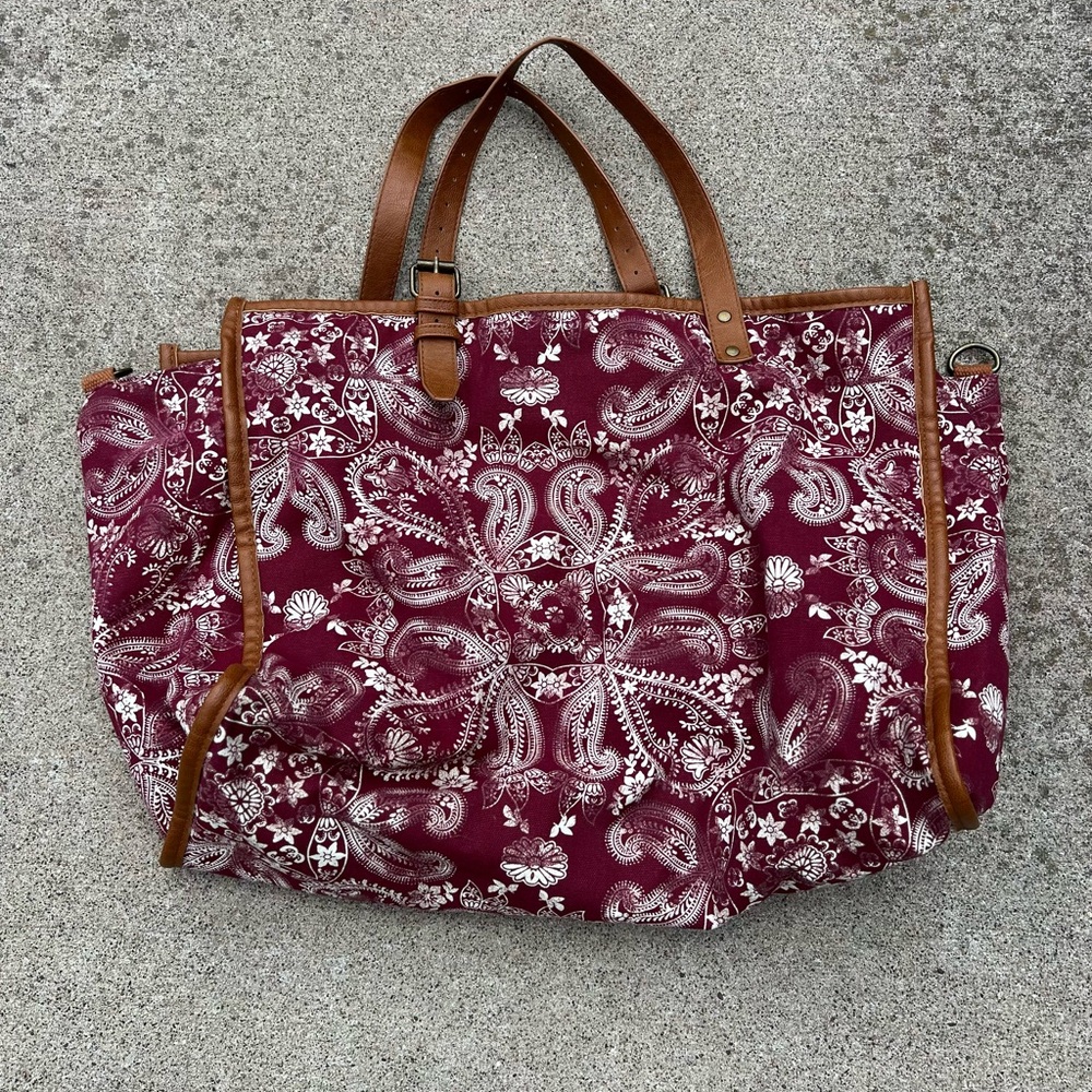 Mossimo Boho Paisley Tote Bag Maroon Canvas Leather Trim XL Shoulder Bag Vintage - Picture 7 of 7
